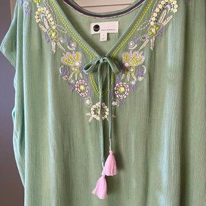 Floreat By Anthro Persephone Short Sleeve Embroidered Tassel Top Size S Green